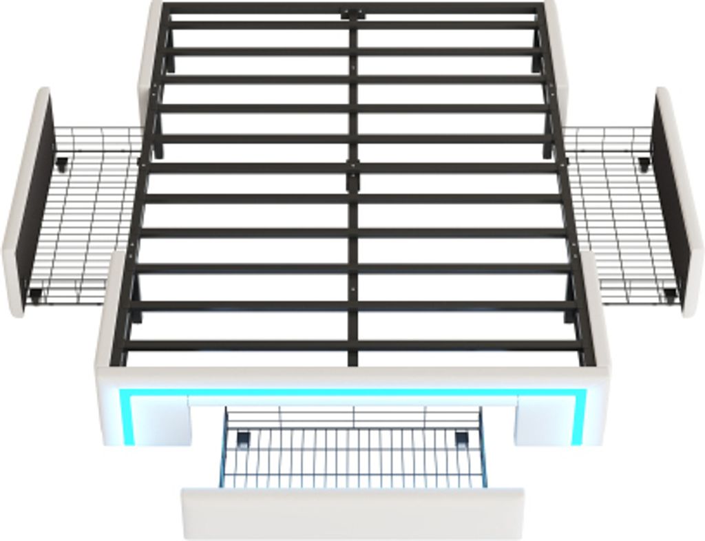 Bettgestell 140x200 cm Ohne Matratze Beige Mit Schubladen Kunstleder LED Lichtleiste Plattformbett Einzelbett Jugendbett Gaestebett Erwachsenenbett