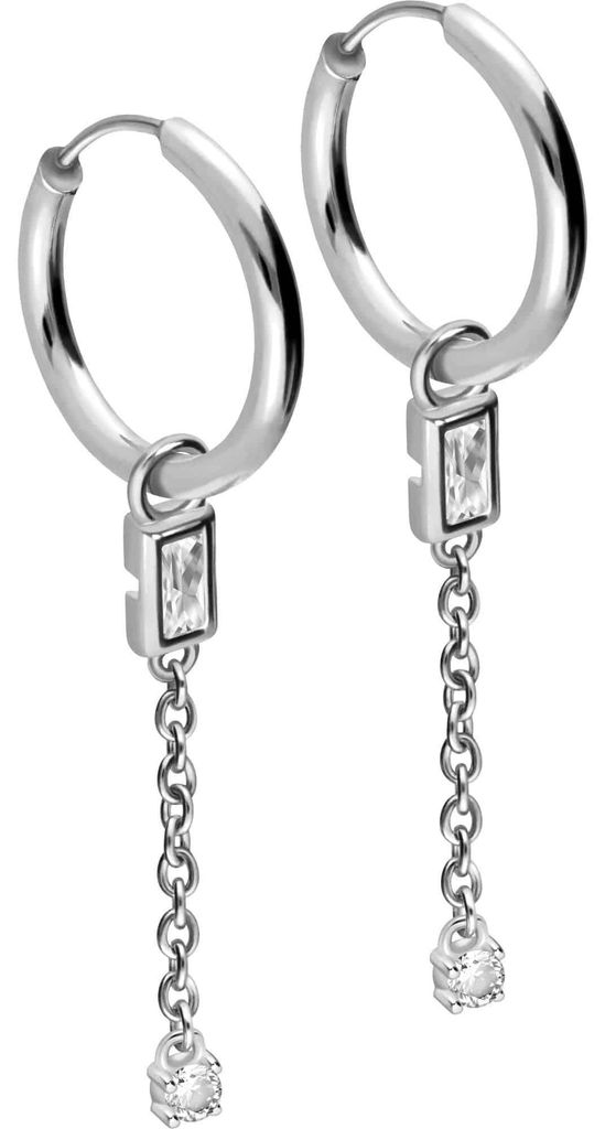 Chirurgenstahl Ohrclicker Creolen KRISTALLE + KETTE Silber Innendurchmesser: 14mm + Designstärke: 1,6mm