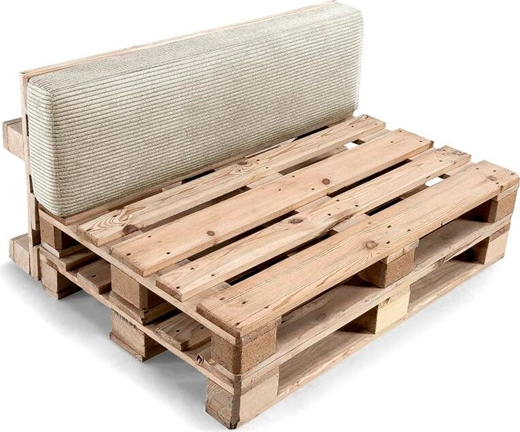A sofa cushion set made from wooden pallets and a beige cushion.