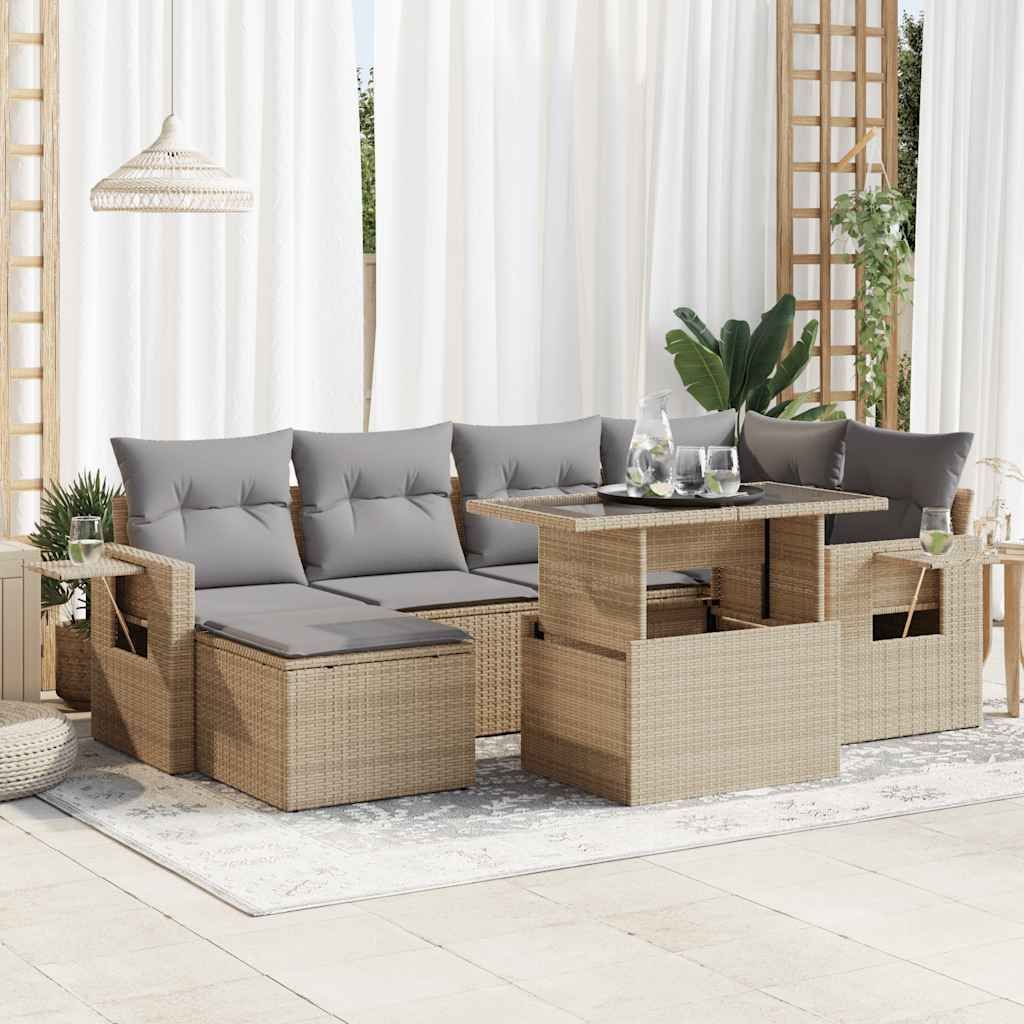 Möbel 7-tlg. Garten-Sofagarnitur mit Kissen Beige Poly Rattan - Gartenmöbelgarnituren 3326510