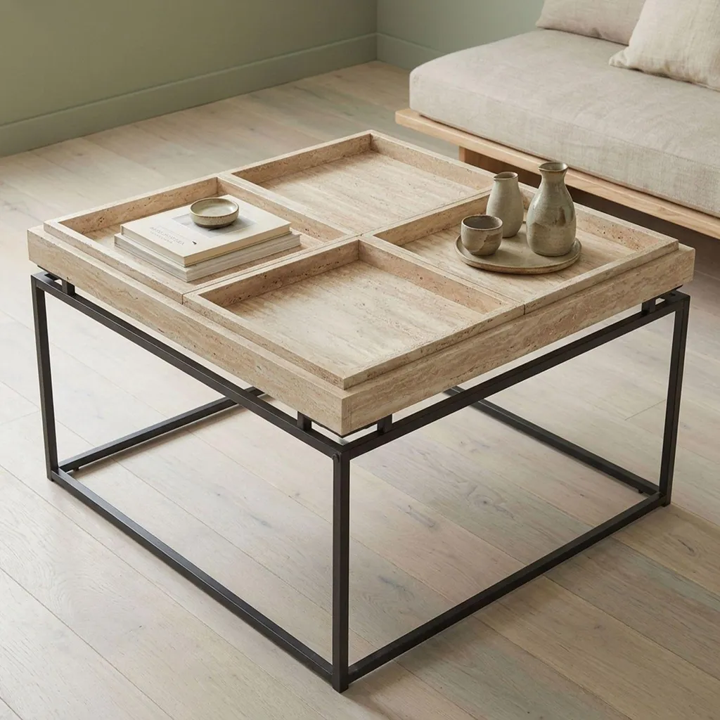MENZZO Table Basse Carrée 80x80 Duplix Effet Travertin Beige Plateau
