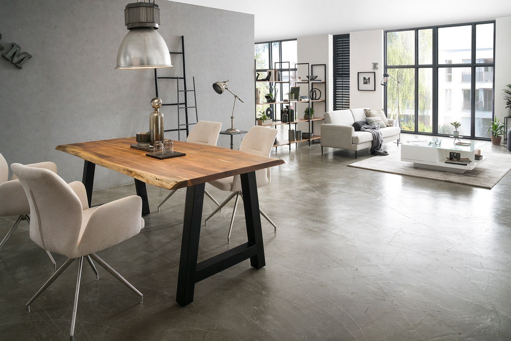 SalesFever Tisch | Akazie Massiv Natur | Baumkante 3,5 cm stark | 240 x 110 | A-Gestell Schwarz