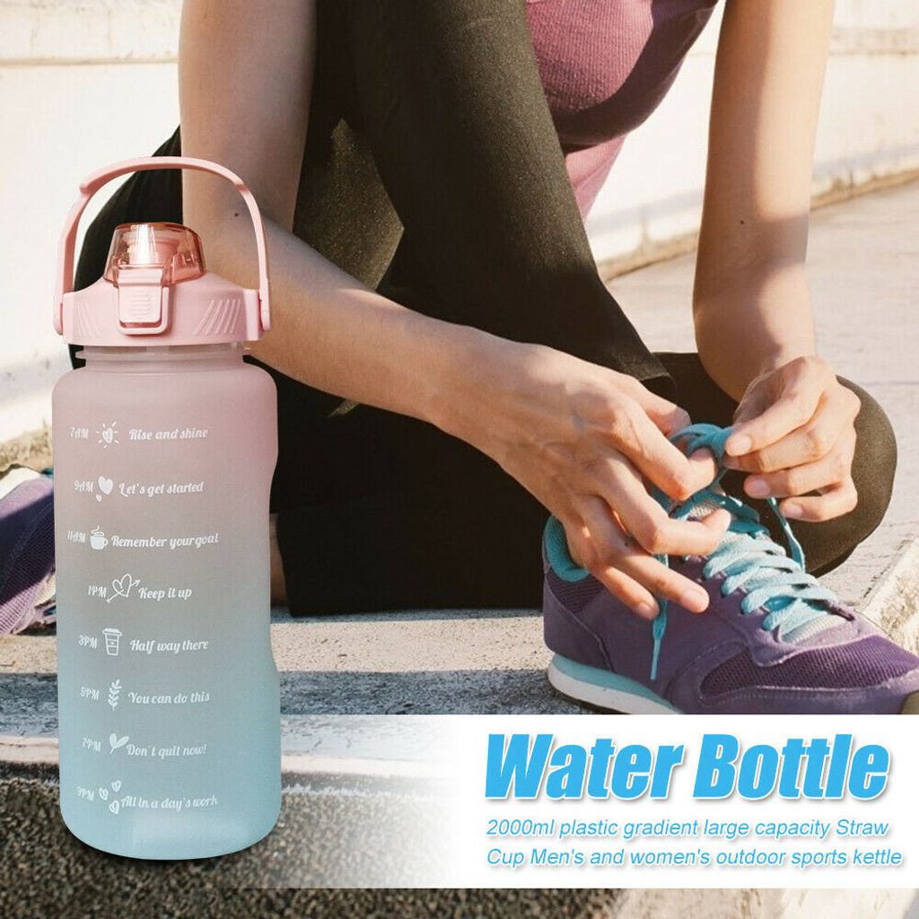 2L Extra große Wasserflasche Time Marker Sportflasche motivierende mit Strohhalm