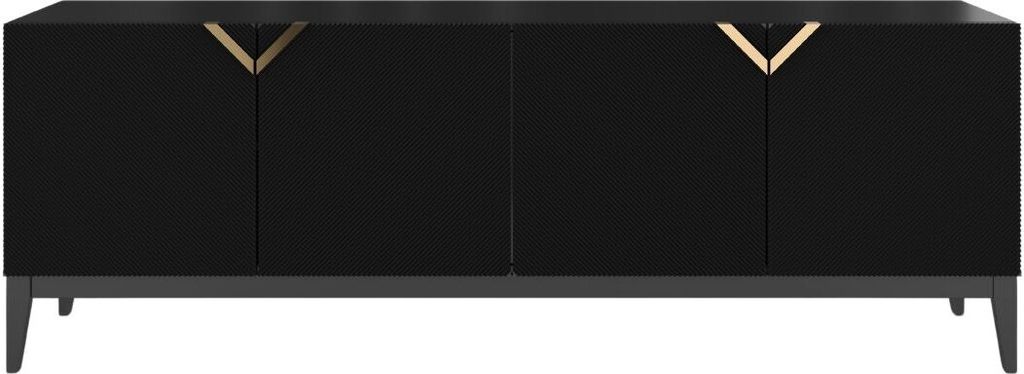 Demi Kommode Mit Gefrästen Fronten / Massive Buche / TV-Lowboard Mit 4 Türen / TV-Schrank Mit Dekorativen Fronten Und Goldgriffen / 200 Cm / Schwarz
