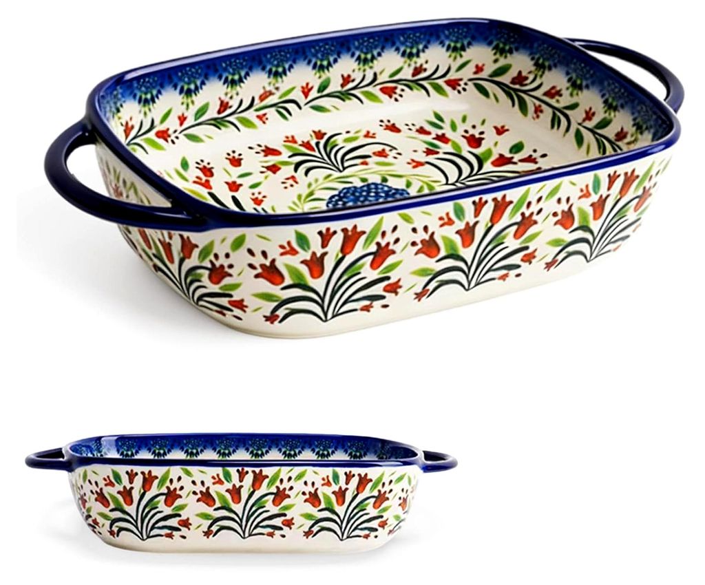 Rechteckige Auflaufform aus Keramik, Ofenfeste Lasagneform mit 2 Griffen, Vintage Blumen Design, Backform für Ofen, Mikrowelle, Spülmaschine, Ide...