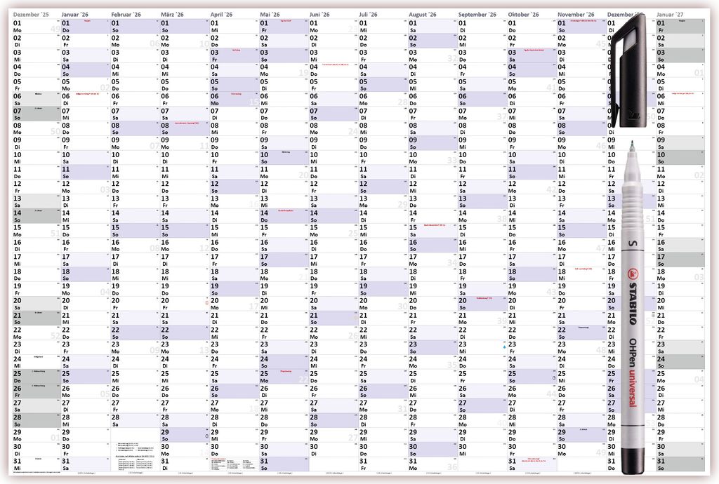 XXXL Wandkalender Special A0 2026 nass abwischbar inkl. Folienstifte (Format 120 x 80cm) Jahresplaner Wandplaner gerollt mit extra großen Tageskä...