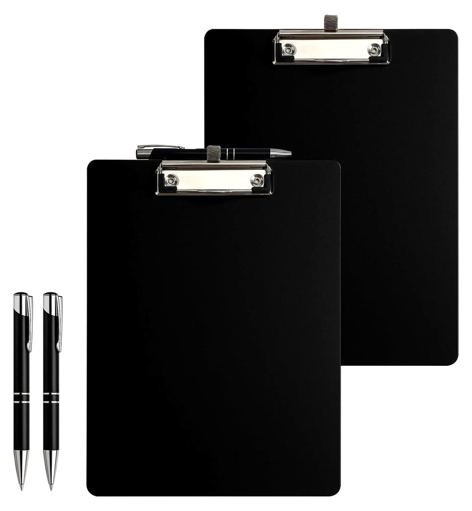2 Stück A4 Klemmbrett mit elastischem Stifthalter und 2 Gelstiften, A4 Clipboard mit robustem rutschfestem Clip, schwarze Zwischenablage für Schu...