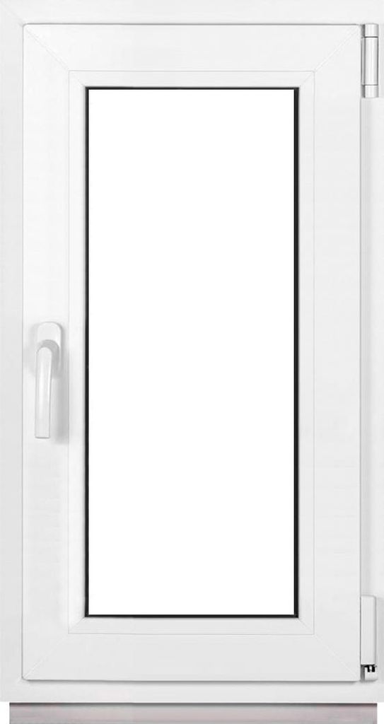 A white PVC window with a clear glass pane and a white handle.