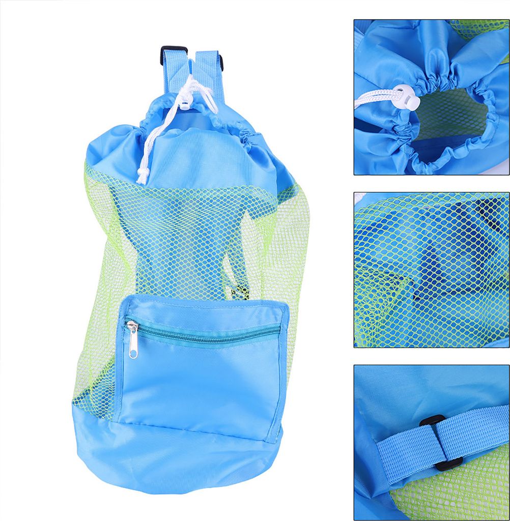 Portable Children Kids Mesh Drawstring Backpack Outdoor Beach Shell Toy Storage Bag (Blue)