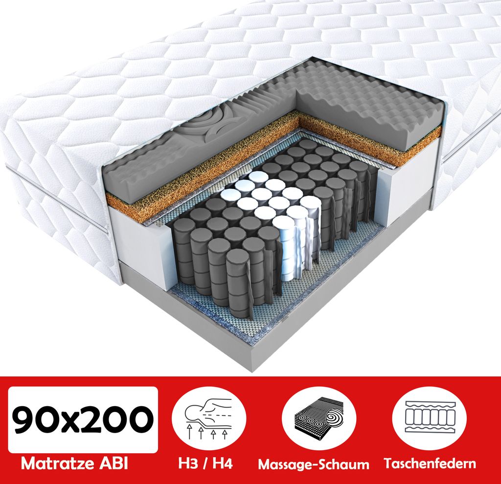 Matratze ABI 90x200 cm H3/H4 Massierende Taschenfederkern mit Kokos und T25-Schaum, ca. 20 cm hoch, mit JERSEY-Bezug, fest