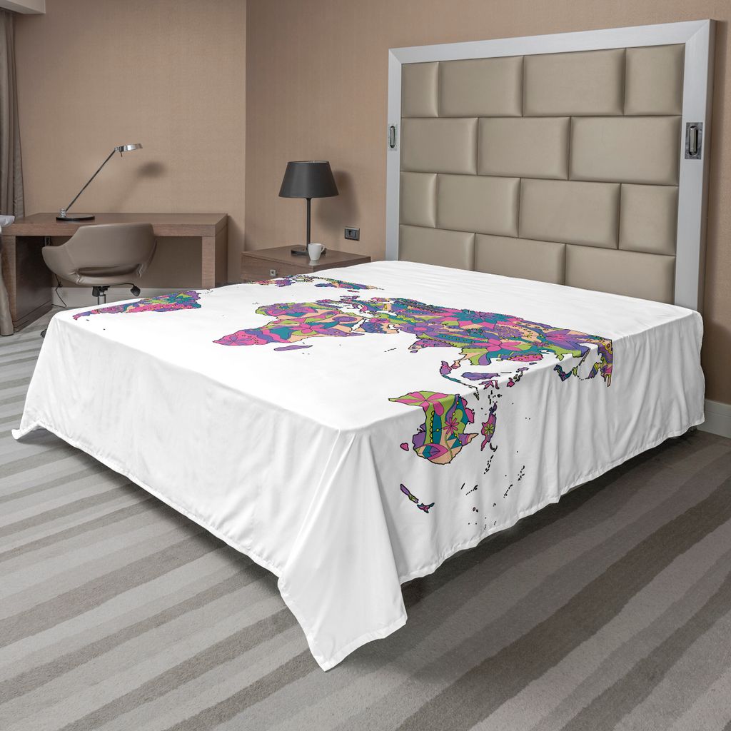 ABAKUHAUS Fernweh Bettlaken, Bunte Weltkarte mit den Blumen blüht Blumenkunst pädagogisch, weiches bequemes oberes Bettlaken für ein dekoratives...