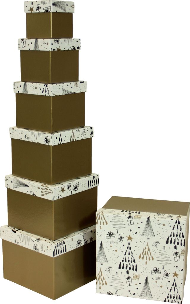 PBS 45113 Weihn. Geschenkkarton Bäume - 7-tlg., gold/weiß