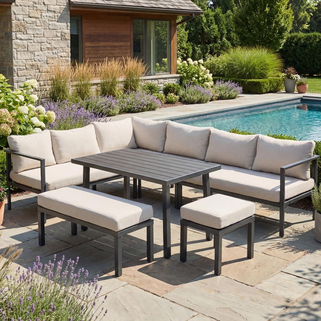 Garten-Essgruppe,Gartenmöbel-Set,9 Personen, Eckstellung, verzinktes Stahlrohr, Tischplatte Kunststoff-Holz, Beinhaltet Esstische, Bänke