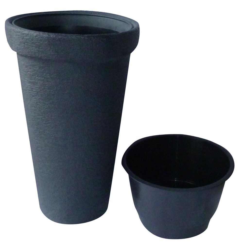 A tall, dark gray planter and a smaller, dark gray pot are shown against a white background.