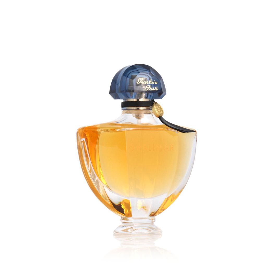A product shot of a Guerlain Shalimar Eau de Parfum bottle.