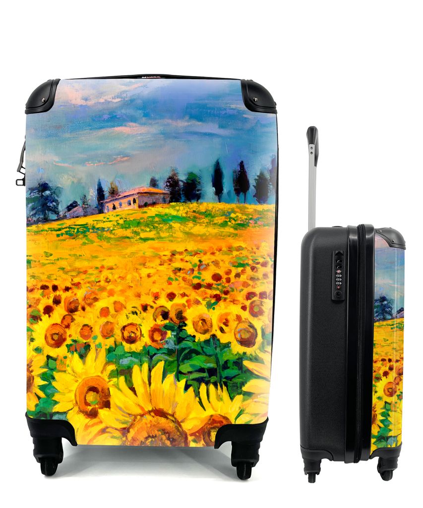 MuchoWow Koffer Handgepäck Trolley Rollkoffer Kleine Reisekoffer mit 4 Rollen - Ölfarbe - Gemälde - Blumen - Sonnenblume - Cabin Size < 55x40x...