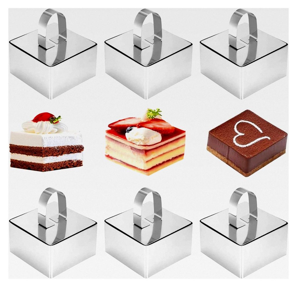 6 Stück quadratische Dessertringe, Tortenring, 8 cm Mousseformen, silberne Speiseringe, Edelstahl Kuchenring