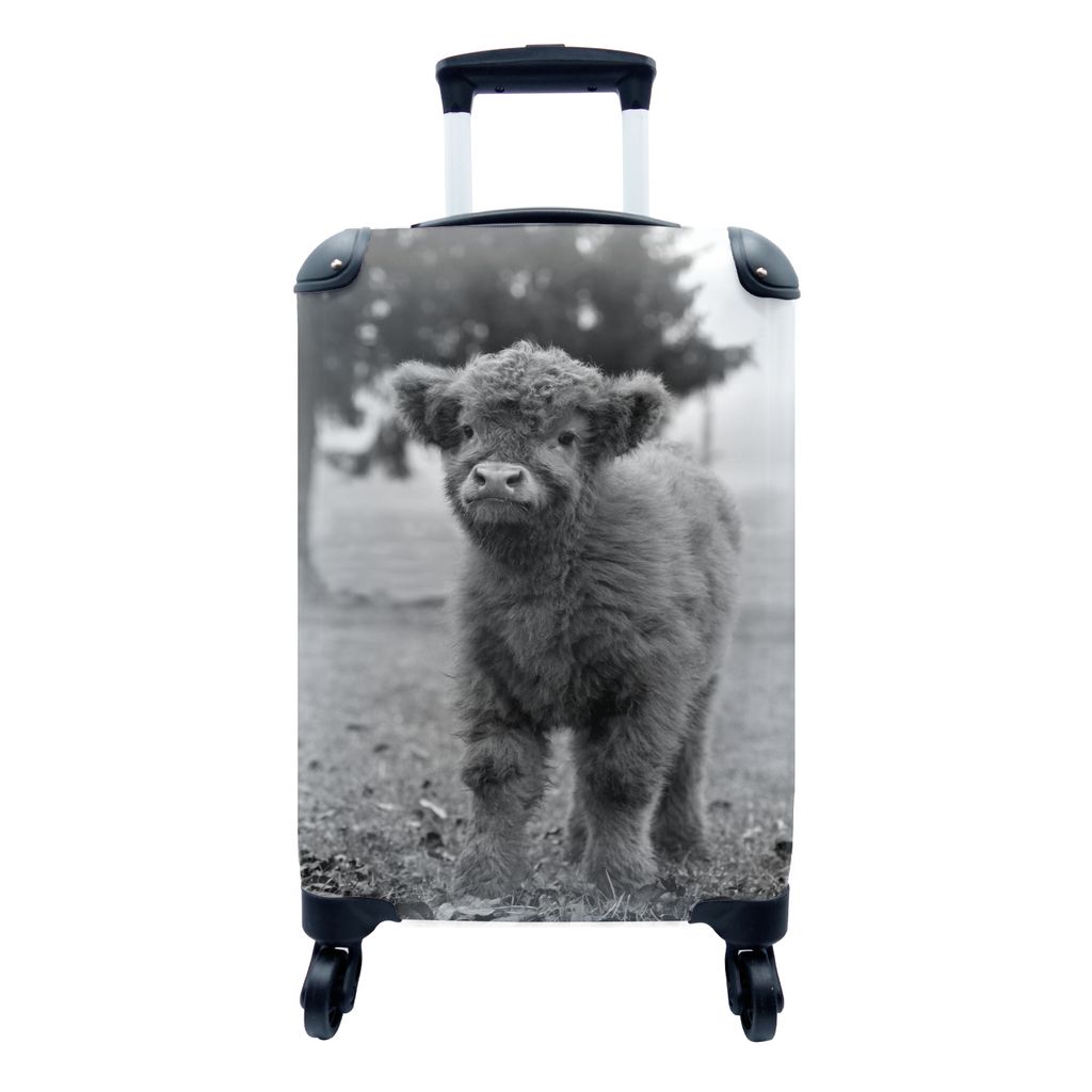 MuchoWow Koffer Handgepäck Trolley Rollkoffer Kleine Reisekoffer mit 4 Rollen - Neugieriges Kalb Schottischer Hochländer - schwarz und weiß - ...