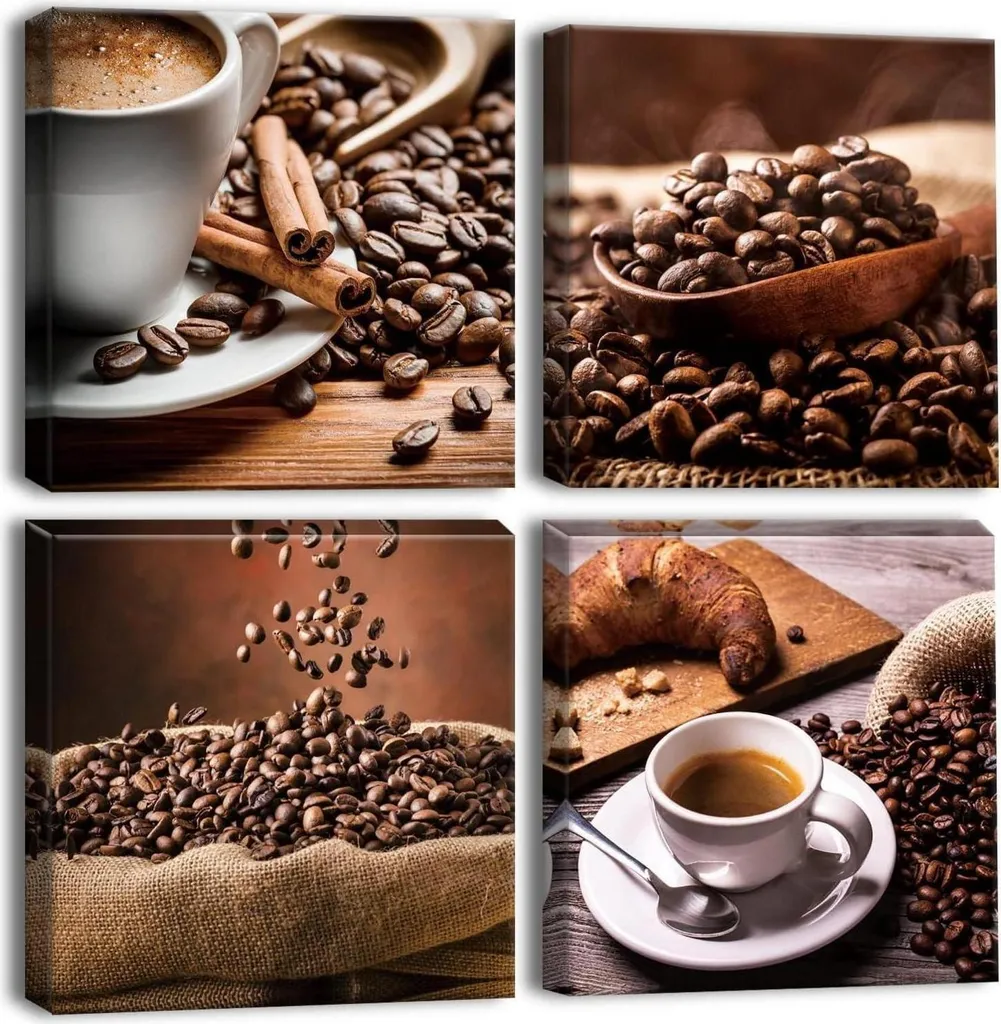Tableau toile en 4 parties grains de café déco murale cuisine moderne