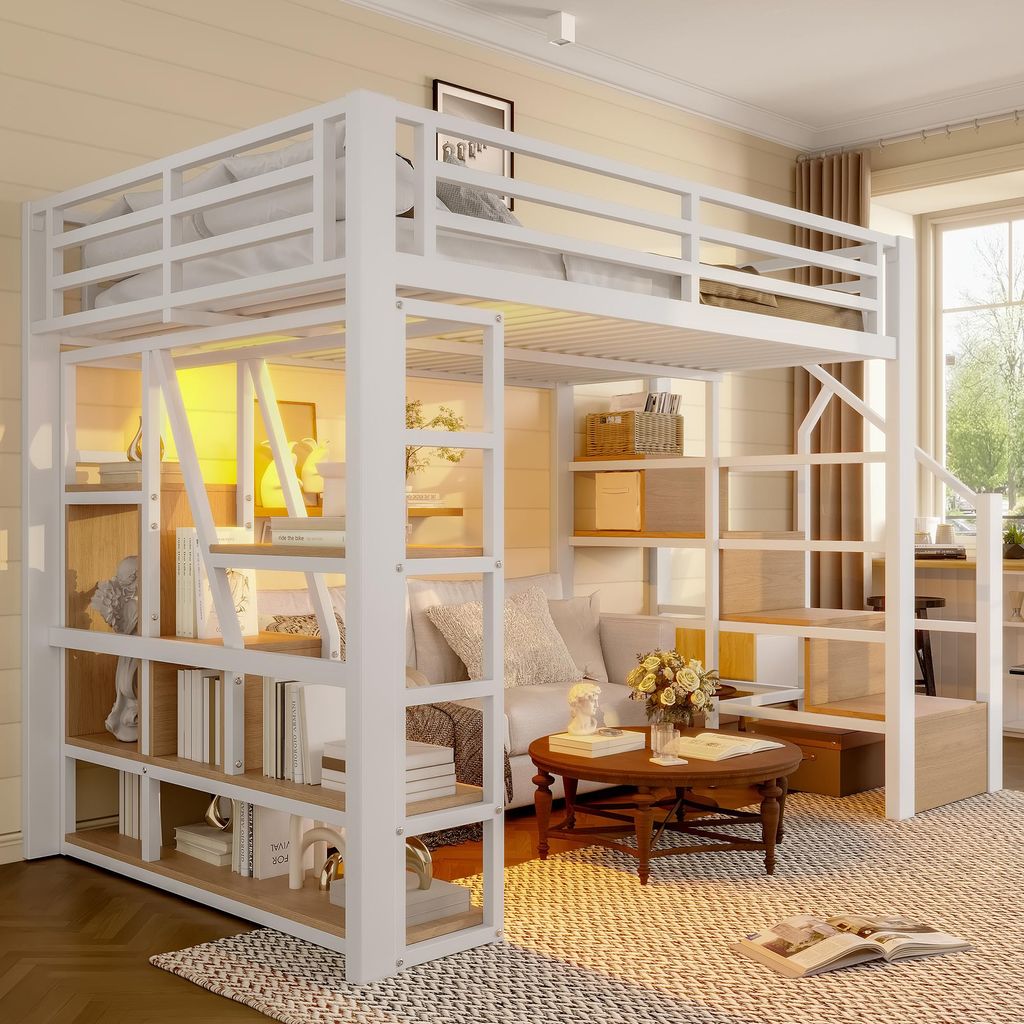 MODFU Hochbett ohne Matratze 140x200 Jugendbett Metallbett mit Ablagefach und integrierte Stufen,Bettrahmen mit LED-Lichtleiste und Eisenrahmen,Weiß