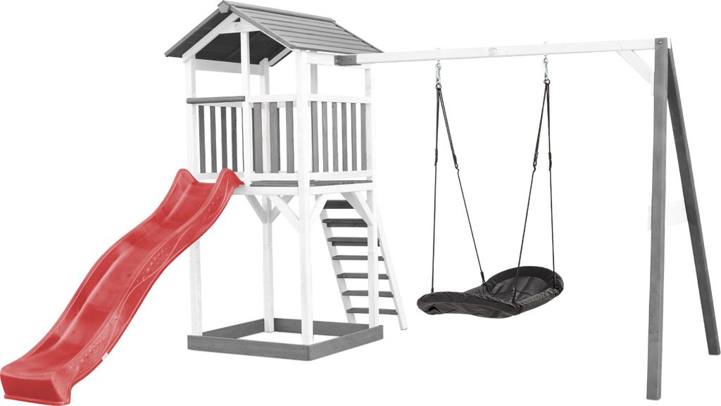 AXI Beach Tower Spielturm aus Holz in Weiß & Grau | Spielhaus für Kinder mit roter Rutsche, Nestschaukel und Sandkasten | Stelzenhaus für den Ga...