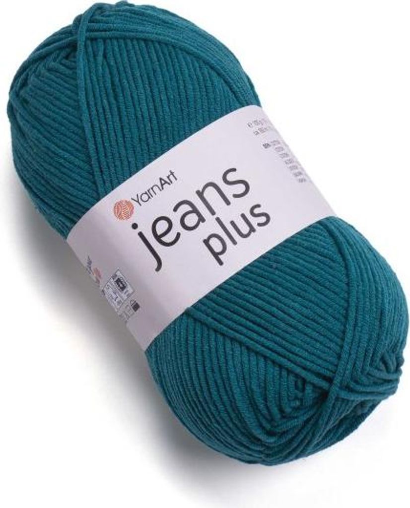 A ball of teal yarn with a white label.