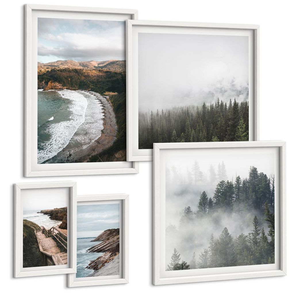 Bilder Set 5-teilig im Goldrahmen Rahmen – Wandbilder 5 Stück – gerahmte Poster für Wohnzimmer, Schlafzimmer und Flur – 50x50 cm - 40x60 cm...