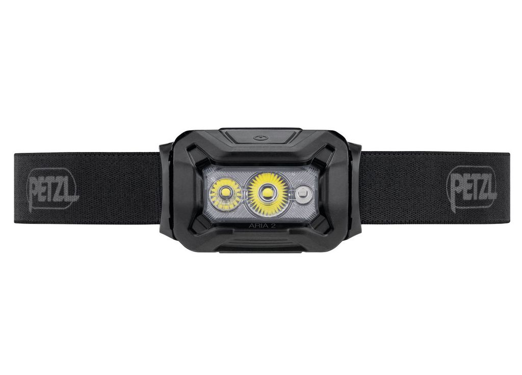 A black Petzl headlamp with a black elastic strap is shown against a white background.