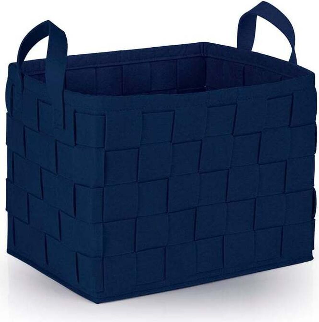 A dark blue woven storage basket with handles, shown from a three-quarter angle.