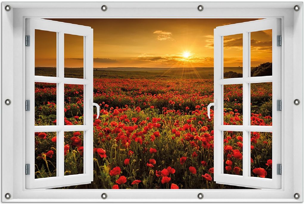 Wallario Outdoor-Poster für Garten oder Balkon 100 x 150 cm: Mohnblumenwiese bei Sonnenuntergang am Abend