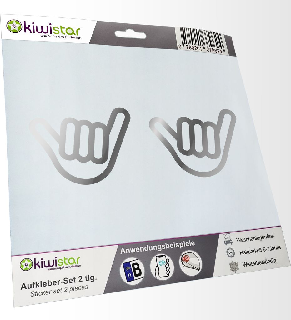 Kiwistar - 2x Kennzeichenaufkleber - chrom - 21 mm Shaka Hand - Alles locker - Alles Cool - Kennzeichen Aufkleber Sticker Nummernschild