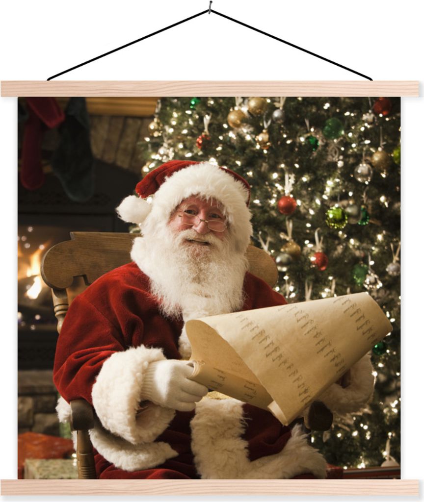 MuchoWow Textilposter Der Weihnachtsmann prüft seine Liste 60x60 cm mit holzfarbenen Rahmen - Wanddekoration
