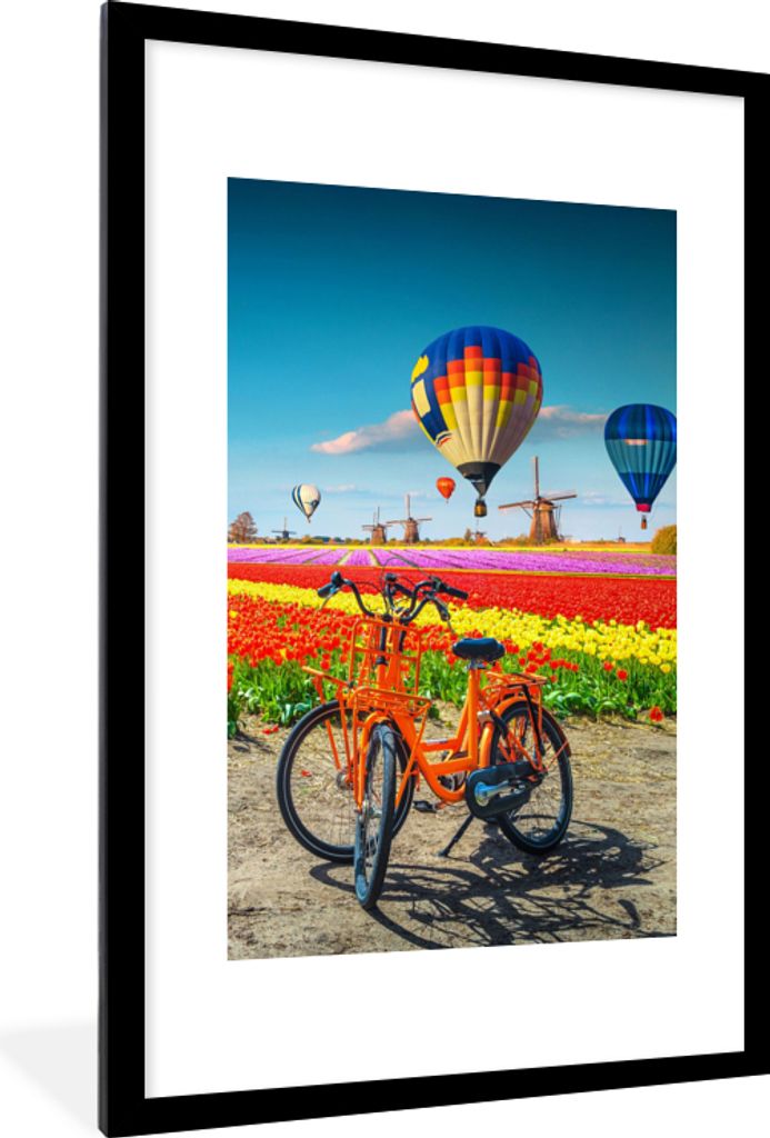 MuchoWow Gerahmtes Poster Heißluftballon - Orange - Tulpen 60x90 cm - Poster mit Schwarzem Bilderrahmen Wandposter Rahmen Foto Bilder - Dekorati...