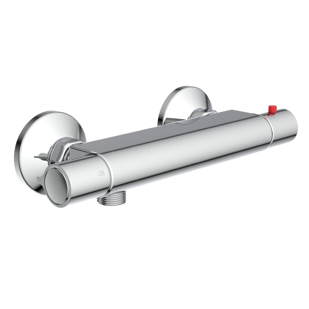 A chrome shower faucet with a thermostat and a red temperature adjustment button.