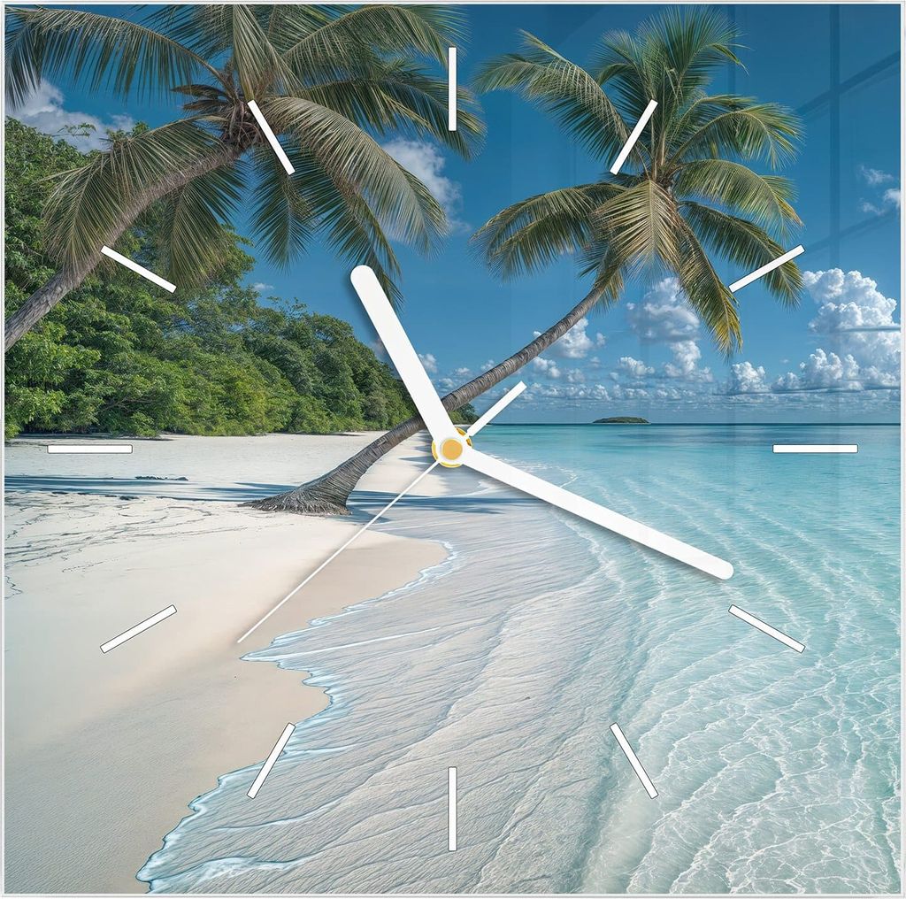 Wanduhr aus Glas mit Motiv Strandurlaub- 30 x 30 cm - inkl. Aufhängesystem