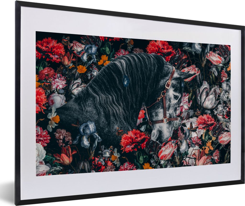 MuchoWow MuchoWow Gerahmtes Poster Pferd - Blumen - Schwarz 60x40 cm - Poster mit zchwarzem Bilderrahmen - Schlafzimmer - Plakat in Rahmen - Dr...