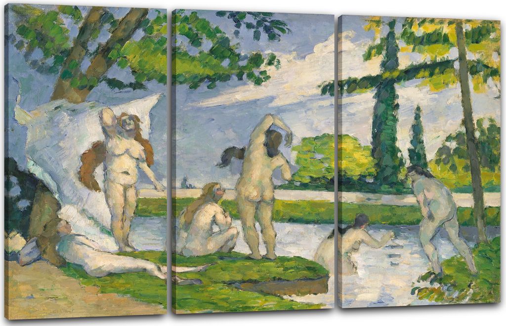 Leinwandbild 3-teilig (120x80cm): Paul Cézanne - Die Badenden (1874-1875), echter Holz-Keilrahmen inkl. Aufhänger, handgefertigt in Deutschland
