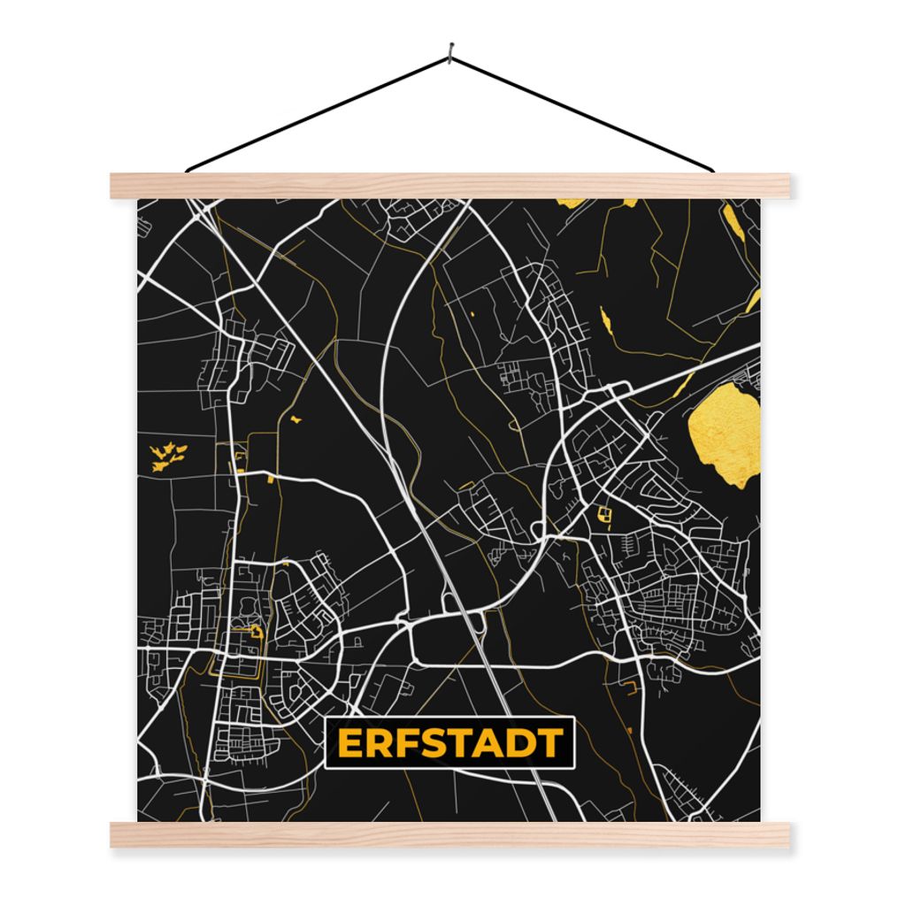 MuchoWow Textilposter Schwarz und Gold - Stadtplan - Erfstadt - Deutschland - Karte 40x40 cm mit holzfarbenen Rahmen - Posterleiste