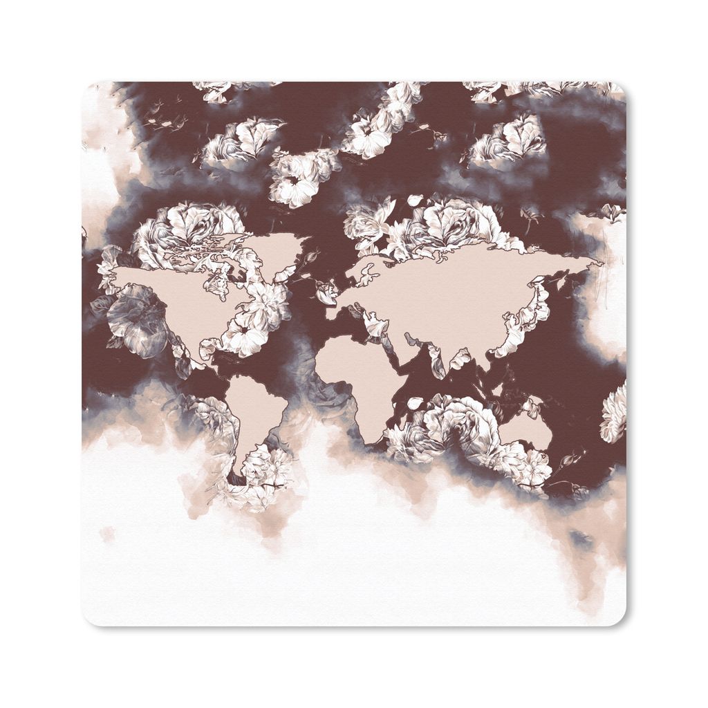 MuchoWow Mauspad Mousepad Weltkarte - Blumen - Braun 20x20 cm - Mousepads - Maus Mat - Pad - Mausunterlage - Desk Mat - Bureauartikeln