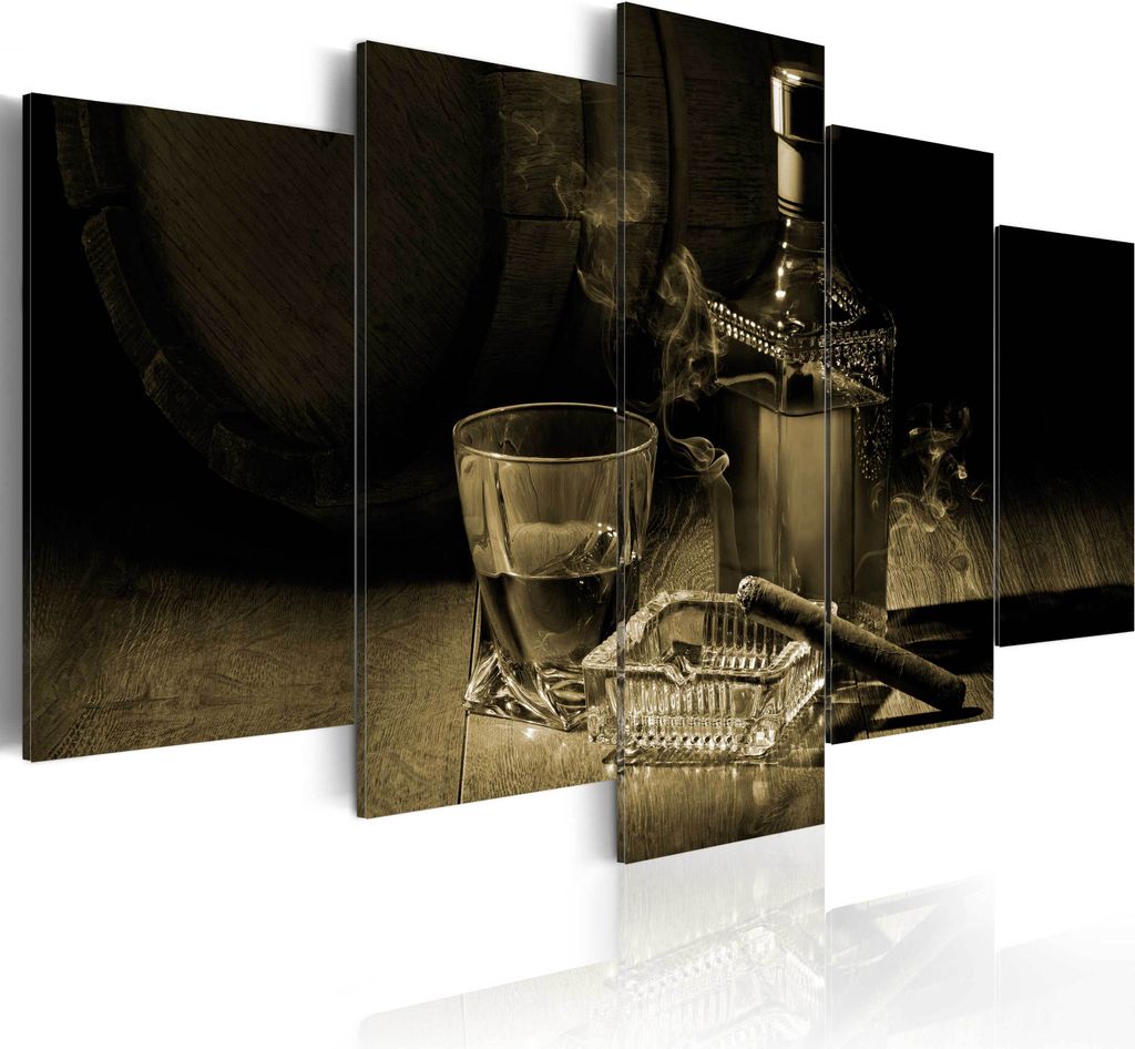 Modernes Wandbild j-A-0058-b-o (150x75) - 5 Teilig Bilder Fotografie auf Vlies Leinwand Foto Bild Dekoration Wand Bilder Kunstdruck WHISKY ZIGARRE ...