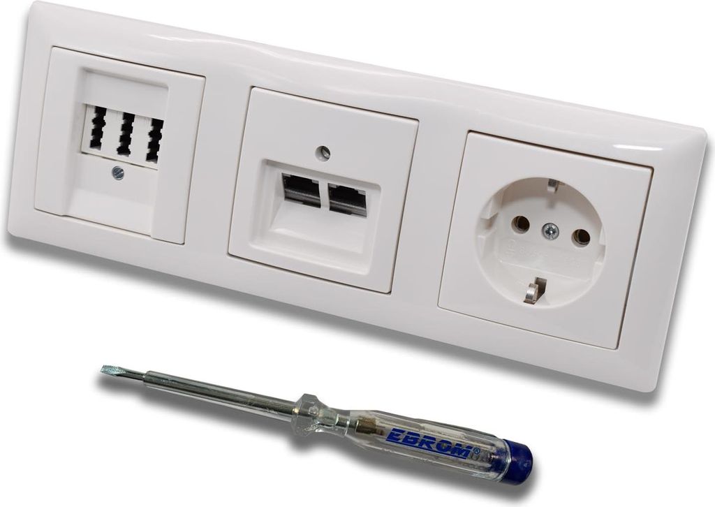 Busch Jäger, Rutenbeck Unterputz Netzwerkdose 10 Gigabit/S 10GbE KAT6A 6A 2xRJ45 Anschluss + EBROM Telefon TAE 3x6 NFN + Steckdose BalanceSi alpin...
