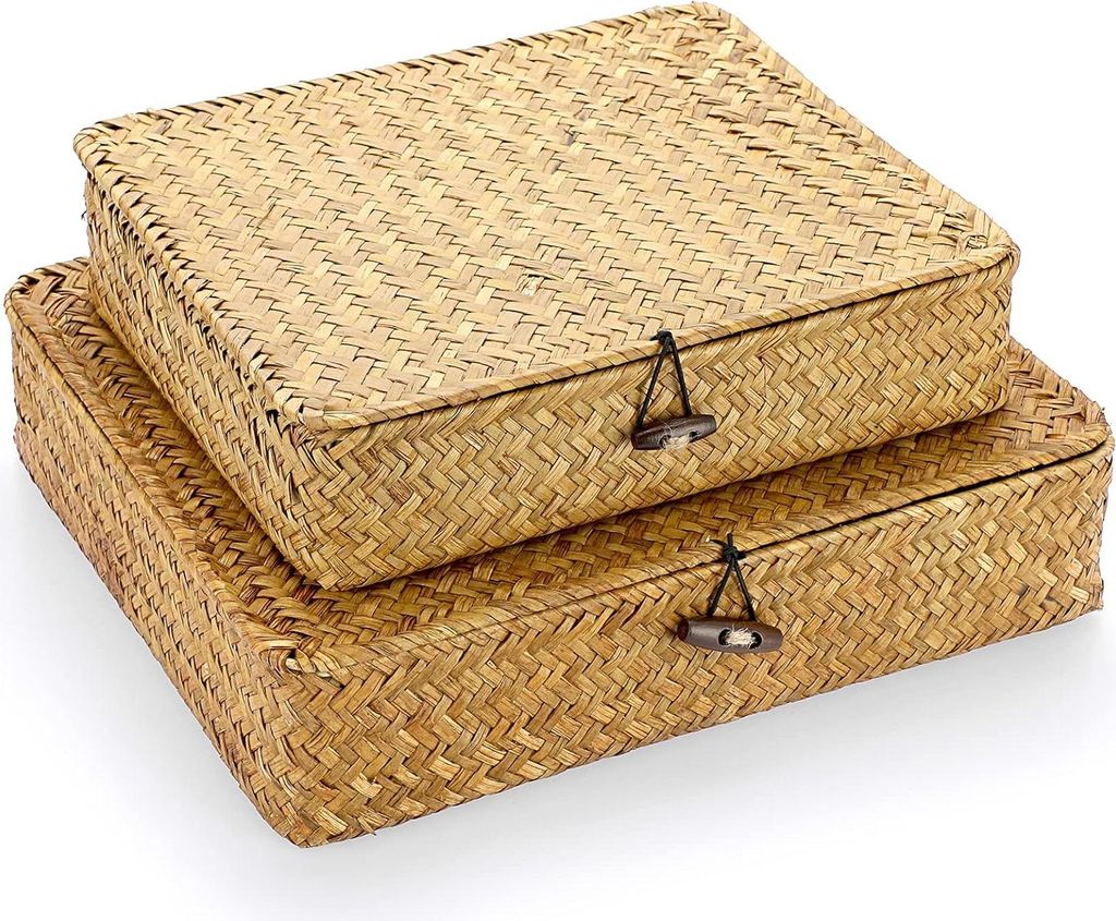 Gewebte Rattan Aufbewahrungskörbe mit Deckel - Set von 2 - natürliche Seegras-Mandboxen - Karamell