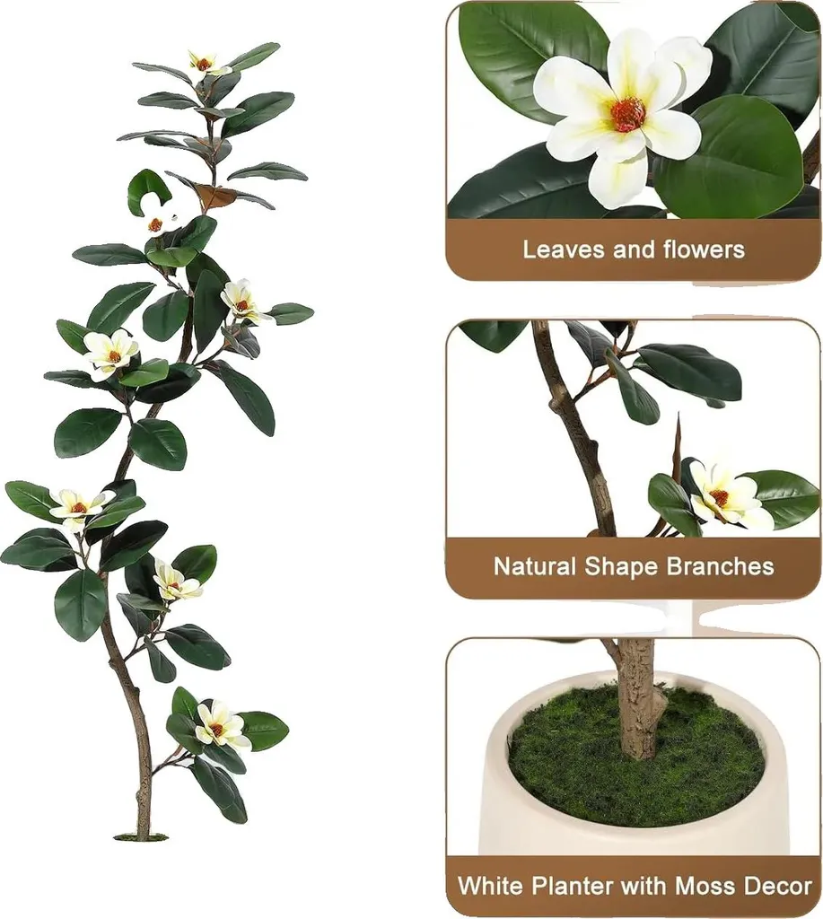 Arbre à fleurs artificiel magnolia réaliste avec pot inclus - 180cm