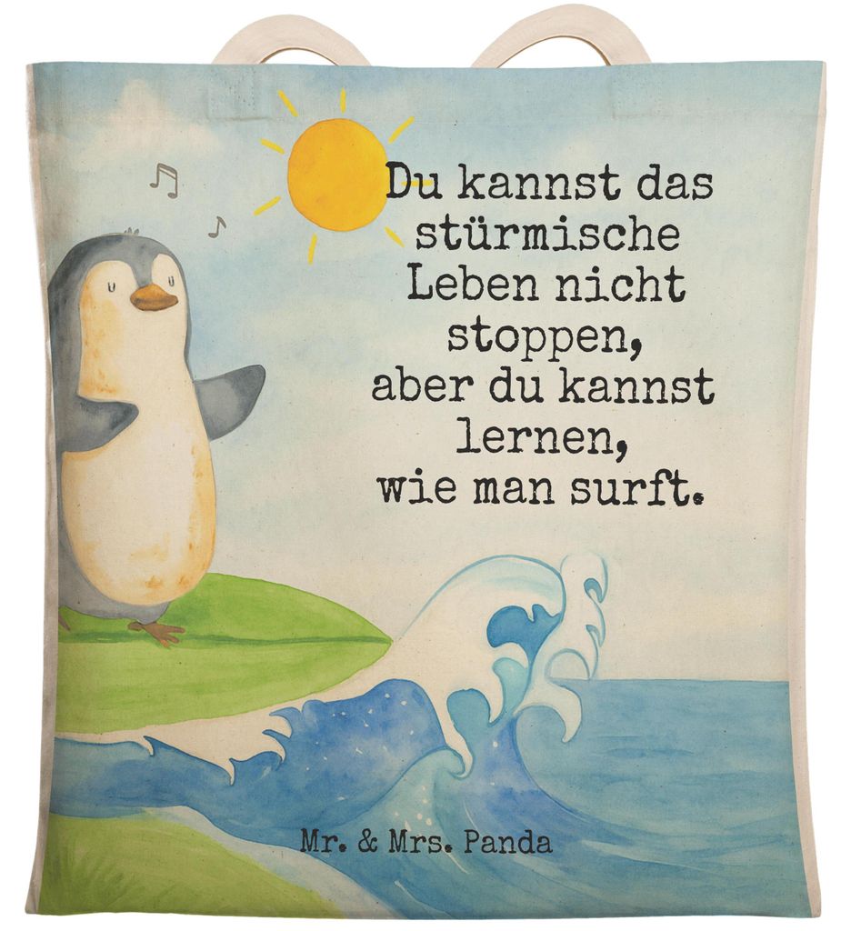 Mr. & Mrs. Panda Stoffbeutel Pinguin Surfer Design - Weiß - Geschenk, Beutel Tasche, taschen shopper, Tragetasche, Optimistisch, Surfen, Hawaii, P...
