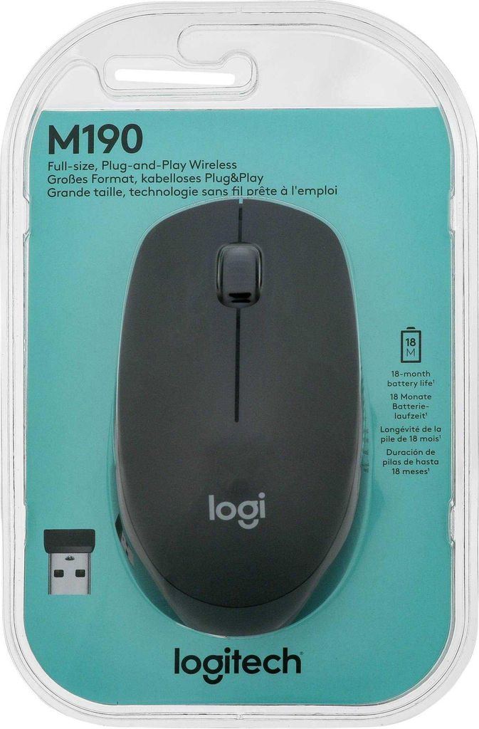 Logitech M190 Maus kabellos schwarz, anthrazit Produktbild 