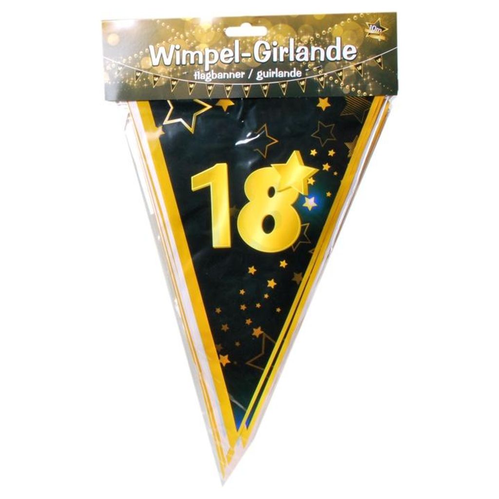 1 Wimpel - Girlande " 18 " schwarz/gold 10m 18.Geburtstag GIRLANDEN PARTY DEKO