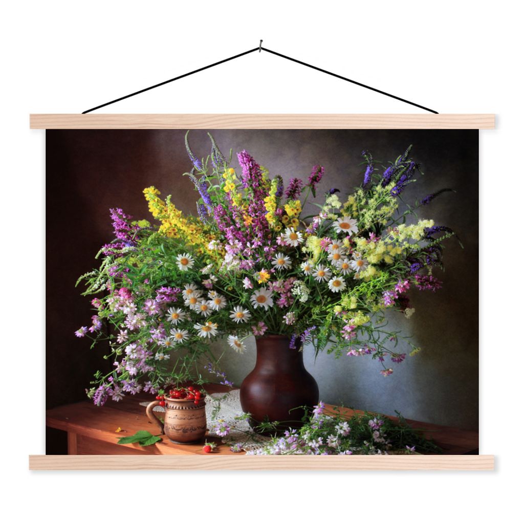 MuchoWow Textilposter Blumen - Tisch - Stilleben - Blumenstrauß - Vase 60x45 cm mit holzfarbenen Rahmen - Bild