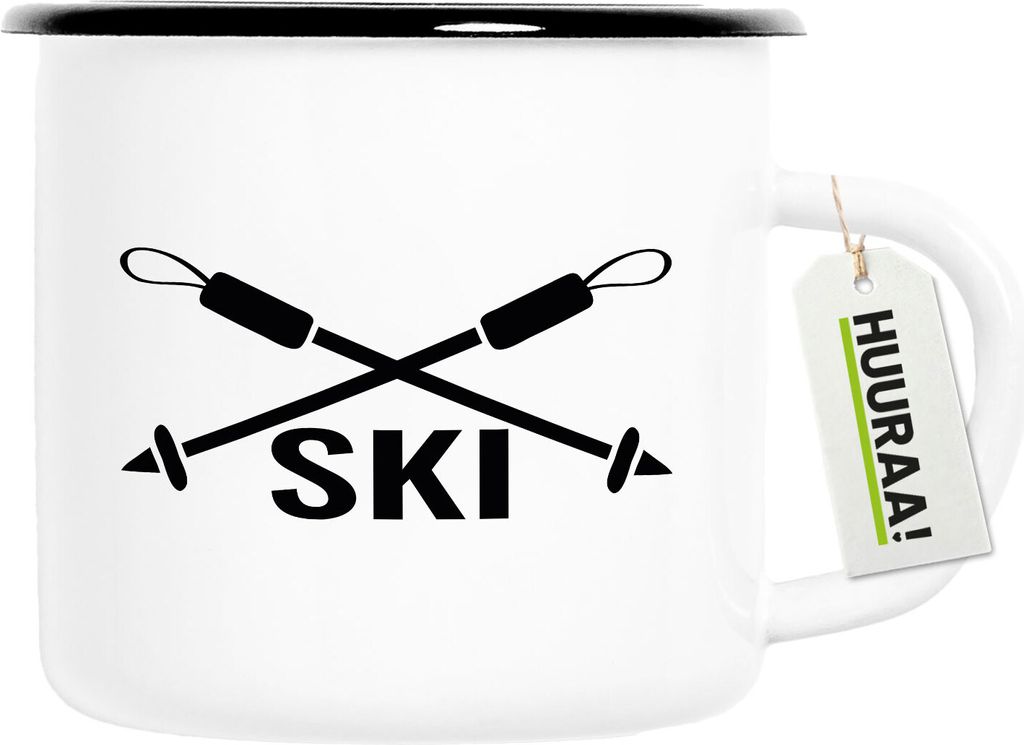 Huuraa Emaille Tasse Ski Schriftzug 300ml Vintage Campingbecher Geschenkidee