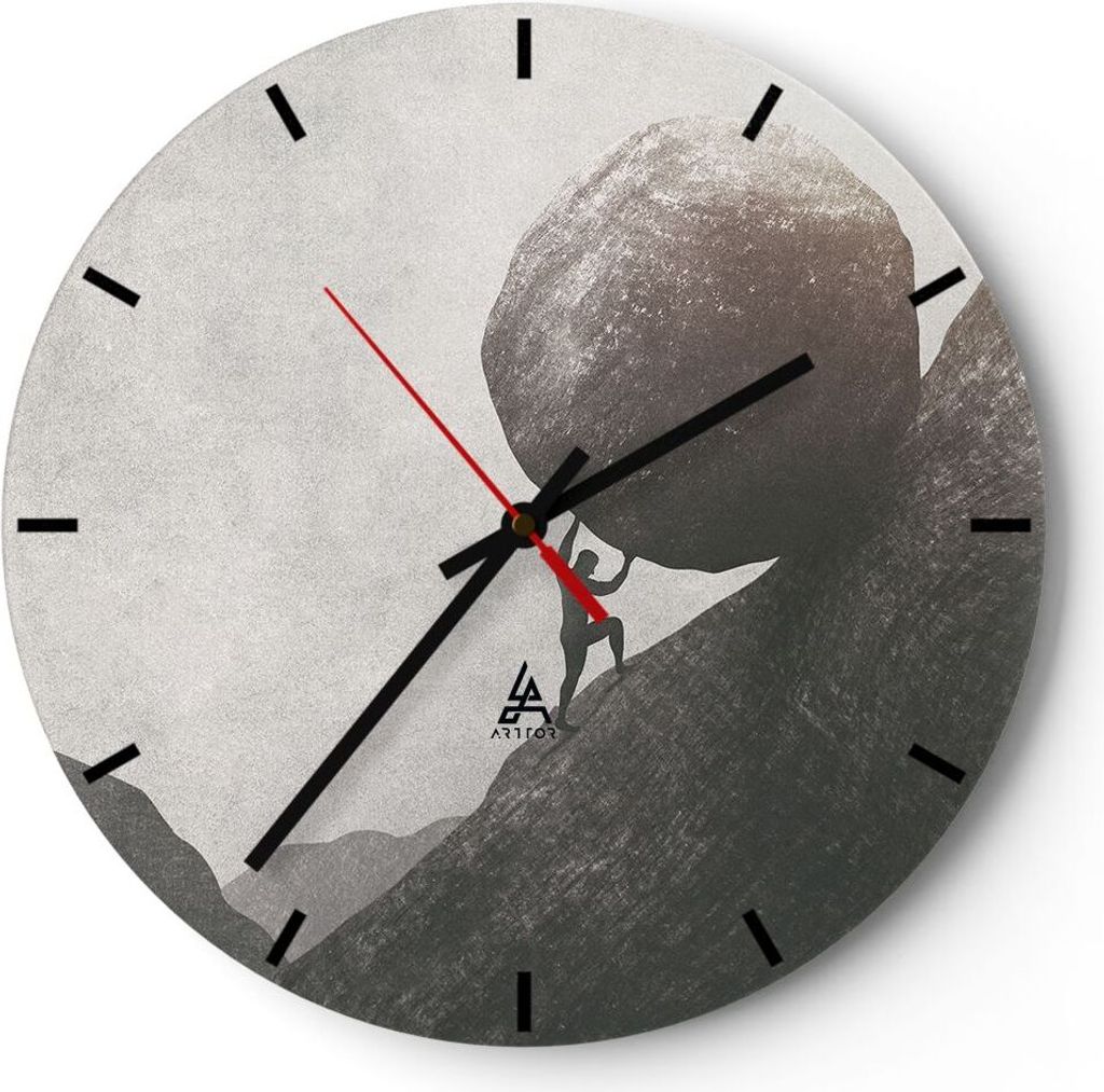 Wanduhr - Rund - Glasuhr - Sisyphus Arbeit Stein - 40x40cm - Schleichendes Uhrwerk - Lautlos - zum Aufhängen bereit - Dekoration Modern - Wanddeko...