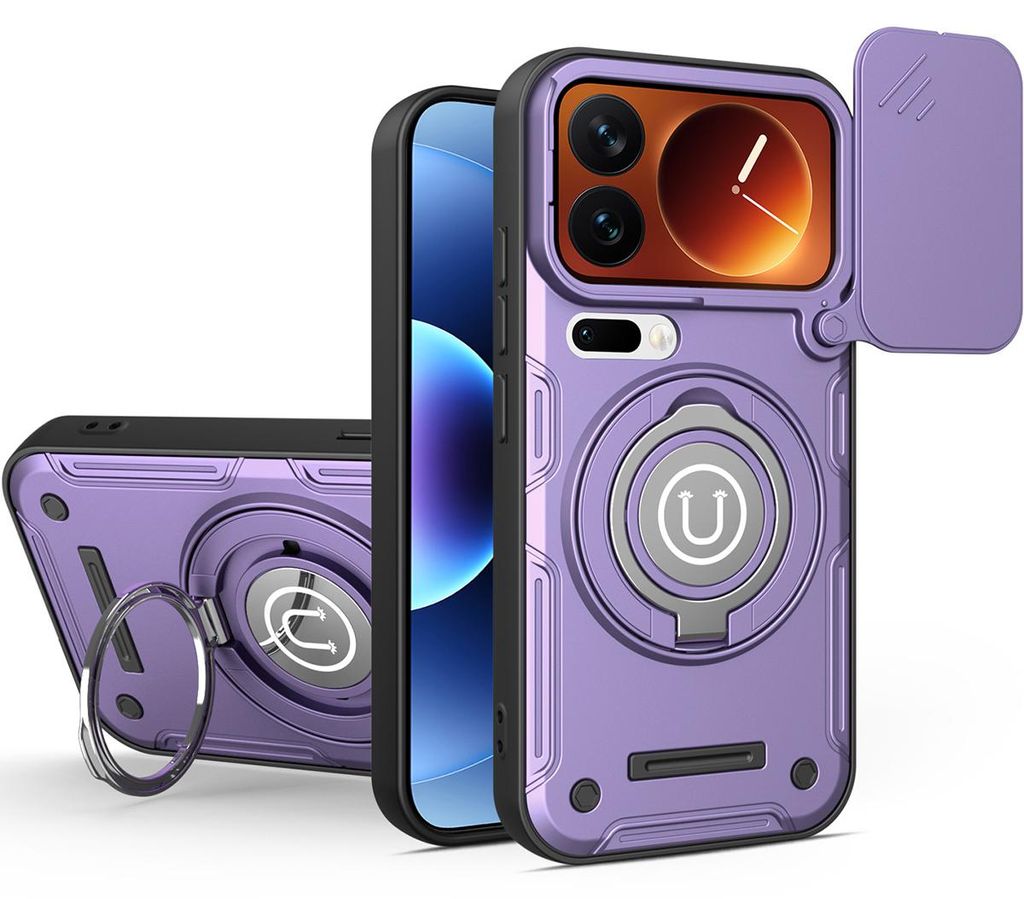 Magnetische Handyhülle für Xiaomi 17 Pro Max mit Kameraschutz Schieber, Ringhalter und Ständer, Stoßfeste Hülle Lila